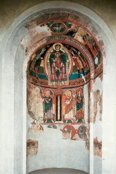Przedstawienie Matki Boskiej z Dzieciątkiem w otoczeniu Trzech Króli. Fresk z centralnej apsydy kościoła Santa Maria w Taüll. Około 1123. Barcelona. Narodowe Muzeum Sztuki Katalonii