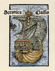Reprezentacja karaweli Santa Maria przez Krzysztofa Kolumba (1451-1506). Rycina z „De insulis in mare Indico super inventis”, Bale 1493-1494 (łaciński przekład raportu Kolumba do króla Hiszpanii).