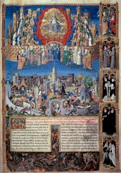 Przedstawienie miasta Boga (niebiańskiego) i miasta ludzi (ziemskiego). Miniatura z 