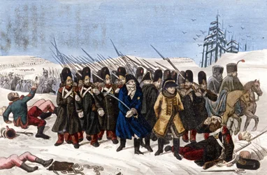 Wycofany z armii francuskiej w Moskwie w 1812 roku. Rycina XIX wiek.
