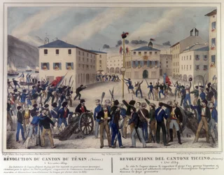 Rewolucja kantonu Ticino w Szwajcarii 5 grudnia 1859 r. Rycina XIX wieku.