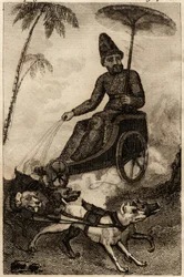 Robinson Crusoe na swoim pociągu rydwanów przez sześciu dogues, grawer umieszczony w „Les aventures de Robinson Crusoe” Daniela Defoe