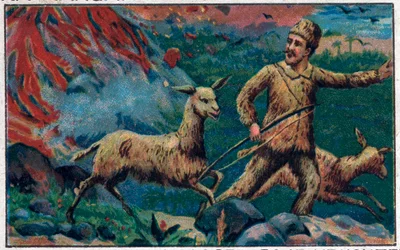 Robinson ucieka przed wybuchem wulkanu. Ilustracja do książki Daniela Defoe (De foe) „”Robinson Crusoe””. Chromolitografia z końca XIX wieku.