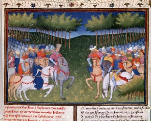 Roman Ogiera Duńczyka: walka dwóch miniaturowych jeźdźców z „Kroniki Bertranda du Guesclina” (Ms 490) 1405 Musee Conde, Chantilly