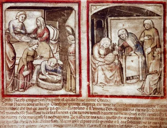Ruth rodzi Obeda (Obetha) syna Boaza (Boaza) Miniatura z Kodeksu 212 (lub Kodeksu Padovańskiego lub Biblii Padewskiej) 1390-1400 Rovigo, Accademia dei Concordi