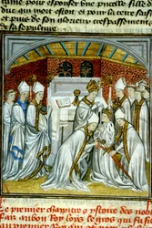 Koronacja Ludwika VI (1108) - Iluminacja ze średniowiecznego rękopisu pergaminowego „Wielkie kroniki z Saint-Denis”, koniec XIV wieku (nr ref. 512)