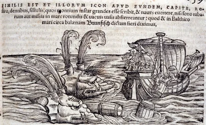 Żeglarze rzucają beczki do morza, aby odwrócić uwagę pościgowych potworów. Grawerowanie w „Historia Animalium” Conrada Gesnera (1516-1565), Tiguri