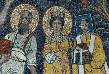 Saint Paul, Saint Cecile i Saint Pascal Szczegół Chrystusa i sześciu świętych. Anonimowa mozaika, 821. Rzym Basilica di Santa Cecilia in Trastevere