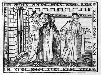 Święty Piotr prowadzony przez rękę Savonarola (Jerome Savonarola) (1452 - 1498) - w „”Kompendium Objawień””, inkunabule z 23.04.1496.