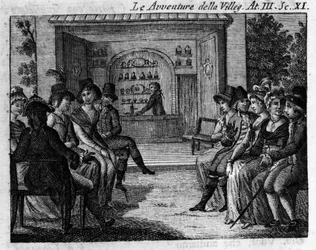 Scena 11 aktu III komiksu „Avventure della villeggiatura” (Przygody miasta) (1756) autorstwa Carlo Goldoni (1707-1793). Grawerowanie XVIII wieku