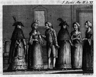 Scena 11 aktu II komiksu „I rustici” (Les rustres) (1760) autorstwa Carlo Goldoni (1707-1793). Grawerowanie XVIII wieku