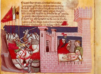 Scena bitwy pod Roncesvaux w 778. Bitwa pomiędzy armią Karola Wielkiego a Saracenami, w której zginął rycerz Roland. Jest przedstawicielem po prawej. Miniatura z kodeksu „Entrée d