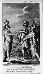 Scena pierwszego aktu „” Alexandre aux Indies” (Alessandro nelle Indie), opery kompozytora Niccolo Vito Piccinniego (lub Piccinniego) (1728-1800) (1758) według libretta Pietro Metastasio (Metastase). Rycina z końca XVIII wieku