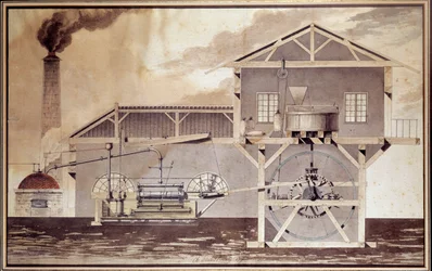 Nauka i technika: „”Maszyna parowa, cięcie młyna”” Rysunek: Edouard Bury. 1796. Paryż, Conservatoire National des Arts et Metiers