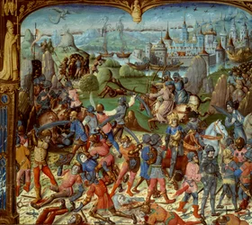 Siódma Krucjata (1248-1254). Ludwik IX (Saint Louis) (1215-1270), król Francji, z przeprawami po pokonaniu przez Saracenów pod Mansourah w 1250 roku. Wycofali się za wieże Damaszku. Ludwik IX i jego dwaj bracia trafiają do niewoli