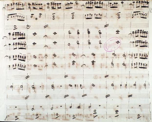 Strona z nutami na pierwsze skrzypce na otwarcie Mitrydate, król Pontu, opery Mozarta (1770)