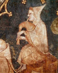 Pasterz dmuchanie w dudy Szczegółowo. Fresk z XIV wieku. Z Muzeum Nawarry Olite (Nawarra), Pampeluna