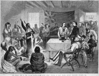 Siedzący Byk i Buffalo Bill: Rada Siedzącego Byka w Fort Walsh, Terytorium Brytyjskie, podczas wojny z Indianami, październik 1877