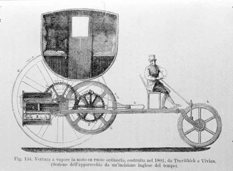 Samochód parowy zamontowany na zwykłym, zbudowany w 1801 roku przez Trevithick i Vivian. Rycina XIX wieku.