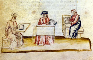 Pracownia w klasztorze. XIV wiek. Biblioteca Nazionale Marciana, Wenecja.