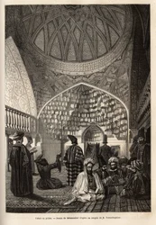 Tatarzy na modlitwie, w meczecie Schusha (Zakaukazie, Rosja). Rycina ilustrująca podróż po prowincjach Kaukazu, Basile Vereschaguine, w latach 1864-1865, opublikowana w „”le tour du monde””, pod kierunkiem D