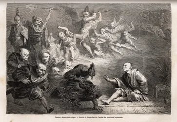 Tengu, czyli demon snów, pomniejsze bóstwo japońskiego folkloru, istota zoomorficzna, przybiera postać kruka, obdarzony magicznymi mocami, jest popularnym tematem sztuki, teatru i literatury w Japonii. Rycina ilustrująca podróż do Japonii w latach