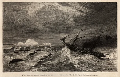 Arcturus, duński liniowiec kursujący między Kopenhagą a Islandią, którym autor wyrusza, by dotrzeć do Reykjaviku, płynąc wśród wielorybów. Grawer ilustrujący podróż po Islandii, opowiadanie Noela Nougareta, w 1866 r., opublikowane w „” Le tour du monde,
