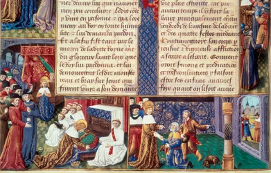 Cnoty chrześcijańskie (takie jak pobożność i oddanie) króla Ludwika IX (1214-1270) (św. Ludwika): po lewej król obejmuje krucyfiks, po prawej Starą Górę. Miniatura z rękopisu „Księga faktów Monsignor Saint Louis” 15t