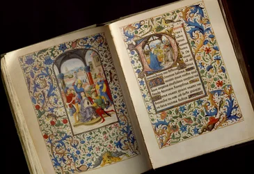 Cierniem koronowanie. Rozkładówka otwartego rękopisu „Godzinek Marii Burgundzkiej (1457-1482)” (Cod. 1857), koniec XV wieku, Austriacka Biblioteka Narodowa, Wiedeń