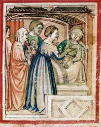 Śmierć Racheli w miniaturze warstw z Kodeksu 212 (lub Kodeksu Padovano lub Biblii Padewskiej) 1390-1400 Rovigo, Accademia dei Concordi