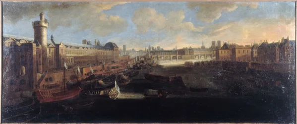 Grande Galerie Luwru, z Porte Neuve, Pont-Neuf, Cité, Collège des Quatres-Nations w budowie i Quai Malaquais, ok. 1665 r., nad Sekwaną królewska galera, dzisiejsze 1. i 6. dzielnica, między 1660 r. a 1660 r.