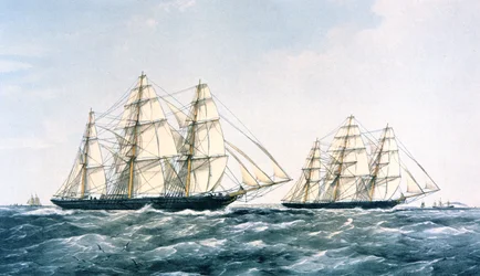 Great Clipper Ship Race w 1866 roku pomiędzy „Ariel” i „Taeping” sprowadzając nowe zbiory herbaty z Chin do Londynu (kolor lito)