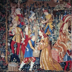 Chłopi Żniwni tłoczący winogrona. Szczegół. Gobelin z wełny i jedwabiu. Początek XVI wieku. Paryż, Narodowe Muzeum Średniowiecza, Thermes de Cluny