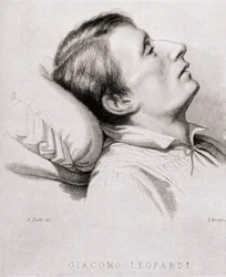 Włoski poeta Giacomo Leopardi (1798-1837) na łożu śmierci. Grawerowanie XIX wieku