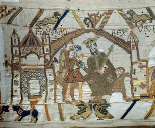 Król Anglii Edward Wyznawca nakazuje Haroldowi udać się i potwierdzić księciu Normandii Wilhelmowi Zdobywcy (1027-1087), że będzie jego następcą na tronie Anglii Fragment gobelinu z Bayeux lub haftu królowej Matyldy