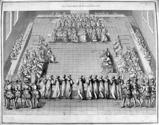 Kolokwium w Poissi (Poissy) w 1561 r. W centrum król Francji Karol IX (1550-1574) i królowa Matka Katarzyna Medycejska (Caterina de Medici) (1519-1589).