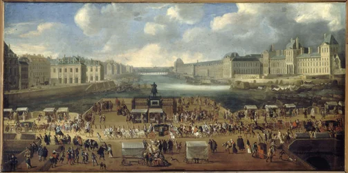 Pont-Neuf widziany z wejścia na Place Dauphine, Quai Malaquais z Collège des Quatre-Nations, Grande Galerie i Luwr, około 1669 roku. Procesja przechodzi przez most. Dzisiejsze 1. i 6. dzielnica, między 1665 a 1669 r.