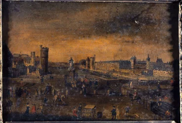 Pont-Neuf widziany z wejścia na Place Dauphine, Hôtel de Nevers, Tour de Nesle, Grande Galerie z Porte Neuve i Luwr, ok. 1640 r., dzisiejsze 1. i 6. dzielnica, między 1635 a 1645 r. (olej na płótnie)