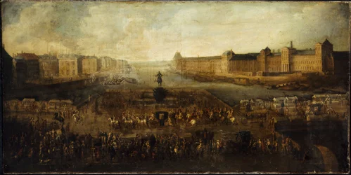 Pont-Neuf widziany z wejścia na Place Dauphine, Quai Malaquais z Collège des Quatres-Nations, Grande Galerie i Luwr, ok. 1665 r.