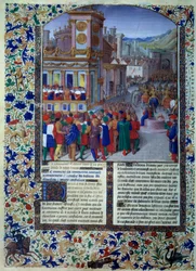 Rzymianie przygotowują siedzibę Veies w 396 pne Miniatura z „”Histoire romaine” (Ad urbe condita) Tite Live (59 pne-17 ne) (Titus Livius), przekład Pierre Bessuire 1450-1500 Paryż, BN