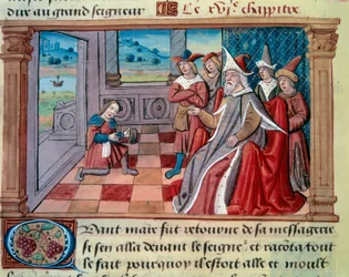 Wenecki nawigator Marco Polo (1254-1324) przed wielkim Kubilajem (Kubilai Khan, pierwszy cesarz mongolskiej dynastii Yuan (1215-1294). świat”, „Milion”) autorstwa Marco Polo (1254