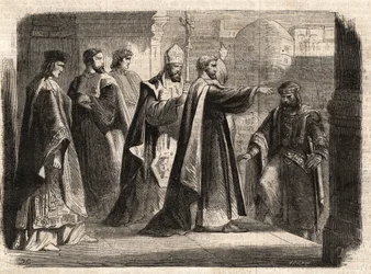 Arcybiskup św Ambroży z Mediolanu (Aurelius Ambrosius, Ambrogio di Milano (340-397) zabronił wejścia do kościoła cesarzowi rzymskiemu Teodozjuszowi I (Flavius Theodosius) (347-395), aby ukarać go za masakrę w Tesalonice w 390 - Excommunicati