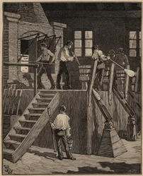 Sztuka szklarska: szklarze wytwarzający szkło metodą francuską. Grawer z 1885 roku w „Les arts et metiers illustres” Adolphe BITARD.