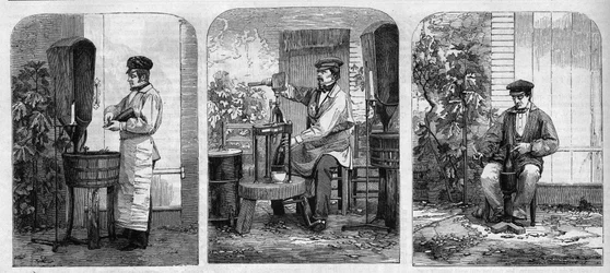 Butelkowanie wina szampana. Grawerunek z 1864 roku.