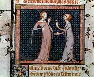 Kolokwium Miniatura Zazdrości i Wstydu w „Roman de la rose” Jean de Meun, Jean de Meung lub Jean Chopinel, Jean Clopinel (v.1240-1305), ok. 1370. Paryż, bibliotheque Sainte Genevieve