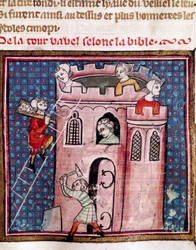 Budowa wieży Babel Fragment iluminowanej strony rękopisu „Bible Historiale” Guiarta Des Moulins XIV-wieczna biblioteka miejska Troyes