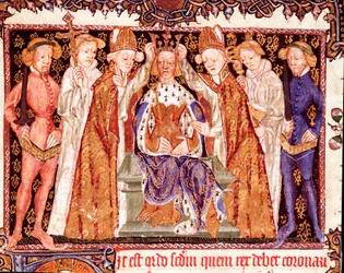 Koronacja króla, prawdopodobnie króla Anglii Ryszarda II (1367-1400). Miniatura z rękopisu o obrzędach koronacyjnych „Liber regalis”, XIV wiek. Pampeluna, Archiwum Nawarry