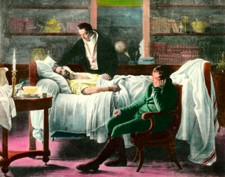 Śmierć Francois Xavier Bichat (1771-1802), francuskiego lekarza. Ilustracja z XIX wieku. Prywatna kolekcja