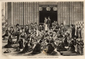 Jadalnia Teatru Yokohama jest stale zapełniona, nawet w trakcie spektaklu. Grawer ilustrujący podróż do Japonii autorstwa Aime Humberta, ministra Konfederacji Szwajcarskiej, w latach 1863-1864, opublikowany w „”le tour du monde””, pod tytułem