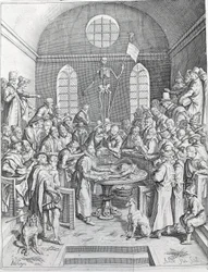 Prowadzenie sekcji Grupa lekarzy i naukowców zjednoczyła się, aby prześledzić sekcję w amfiteatrze. Grawerowanie z 1788